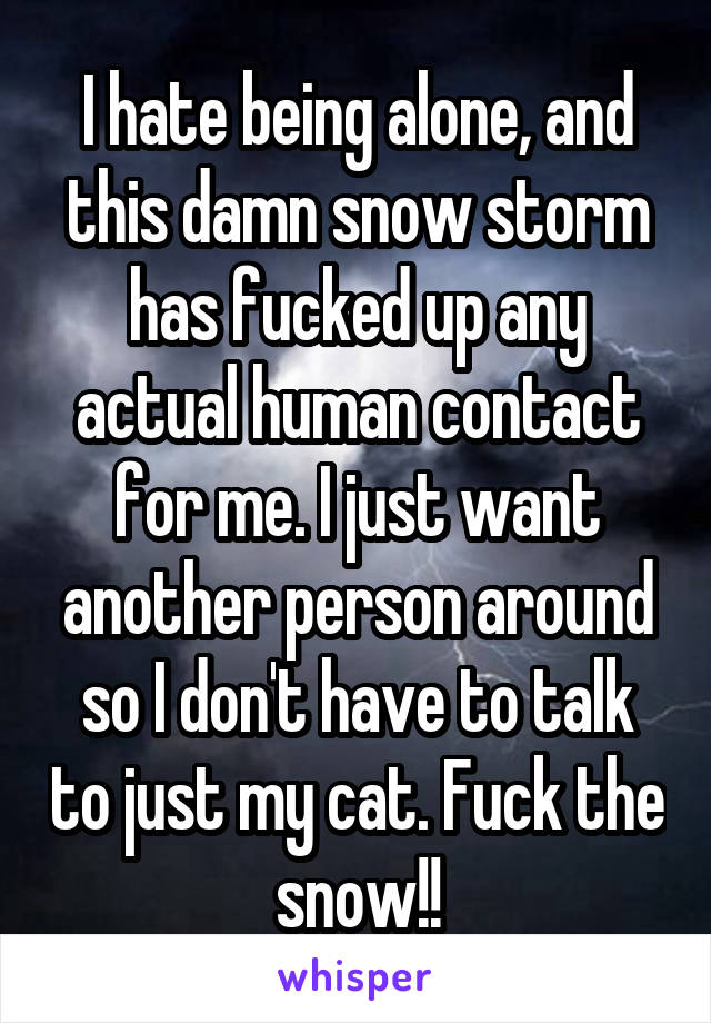 I hate being alone, and this damn snow storm has fucked up any actual human contact for me. I just want another person around so I don't have to talk to just my cat. Fuck the snow!!