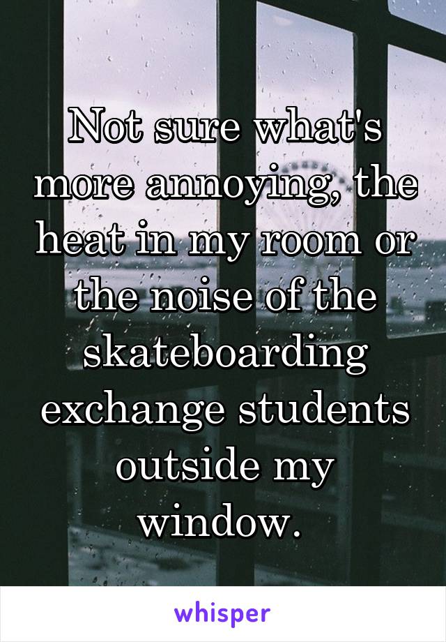Not sure what's more annoying, the heat in my room or the noise of the skateboarding exchange students outside my window. 