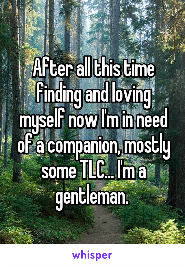After all this time finding and loving myself now I'm in need of a companion, mostly some TLC... I'm a gentleman. 