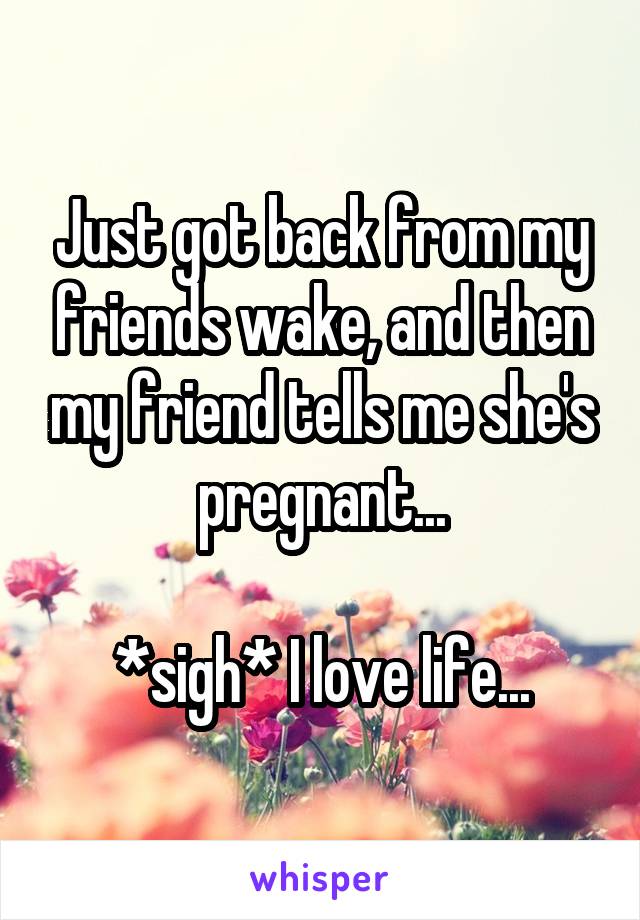 Just got back from my friends wake, and then my friend tells me she's pregnant...

*sigh* I love life...
