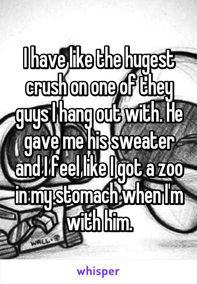 I have like the hugest crush on one of they guys I hang out with. He gave me his sweater and I feel like I got a zoo in my stomach when I'm with him.