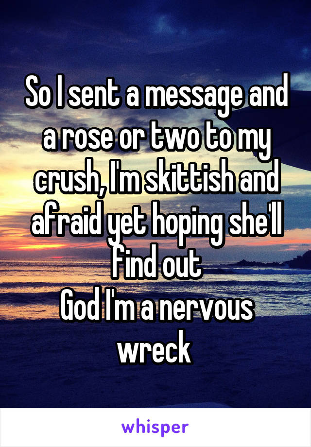 So I sent a message and a rose or two to my crush, I'm skittish and afraid yet hoping she'll find out
God I'm a nervous wreck 