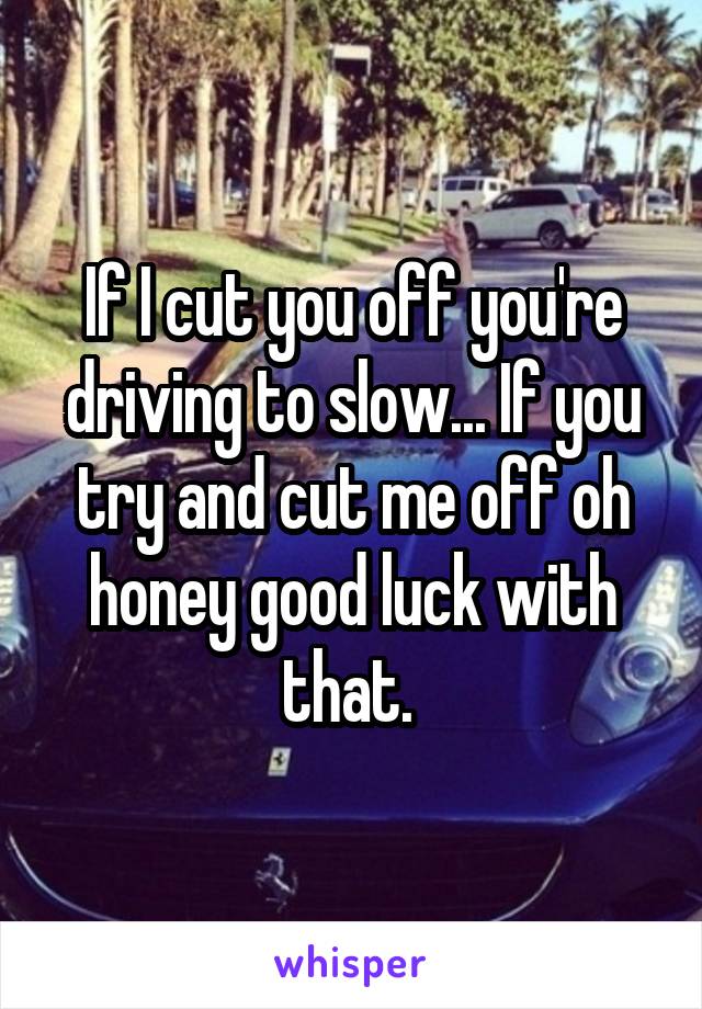 If I cut you off you're driving to slow... If you try and cut me off oh honey good luck with that. 