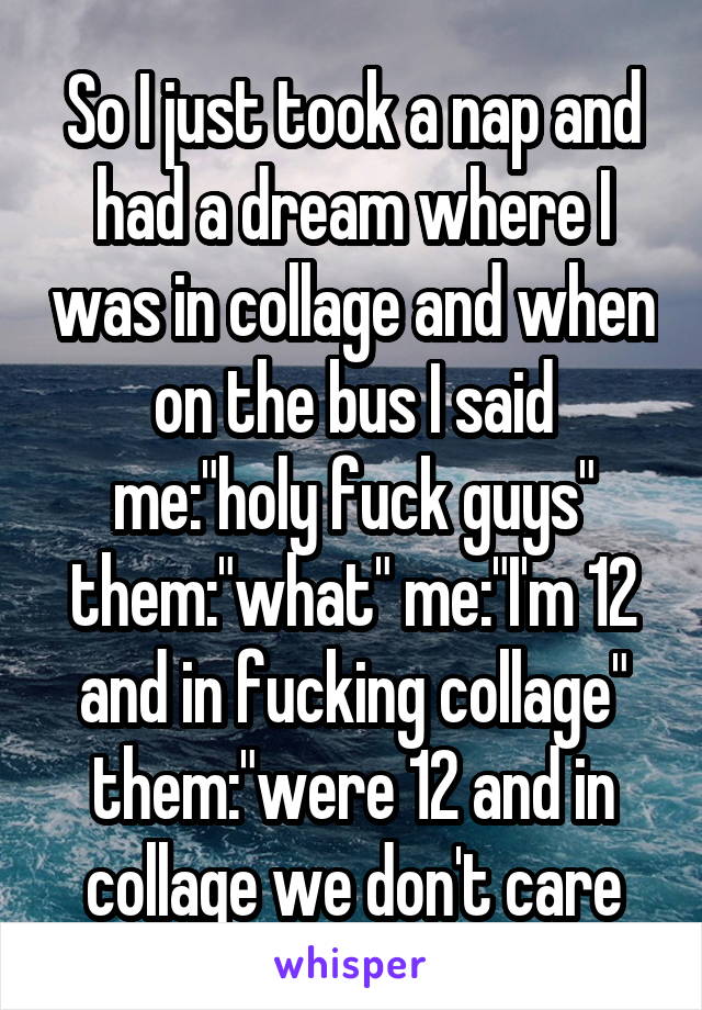 So I just took a nap and had a dream where I was in collage and when on the bus I said me:"holy fuck guys" them:"what" me:"I'm 12 and in fucking collage" them:"were 12 and in collage we don't care