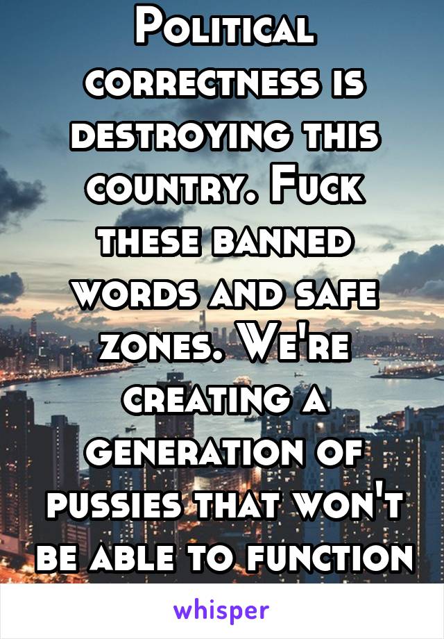 Political correctness is destroying this country. Fuck these banned words and safe zones. We're creating a generation of pussies that won't be able to function in the real world.