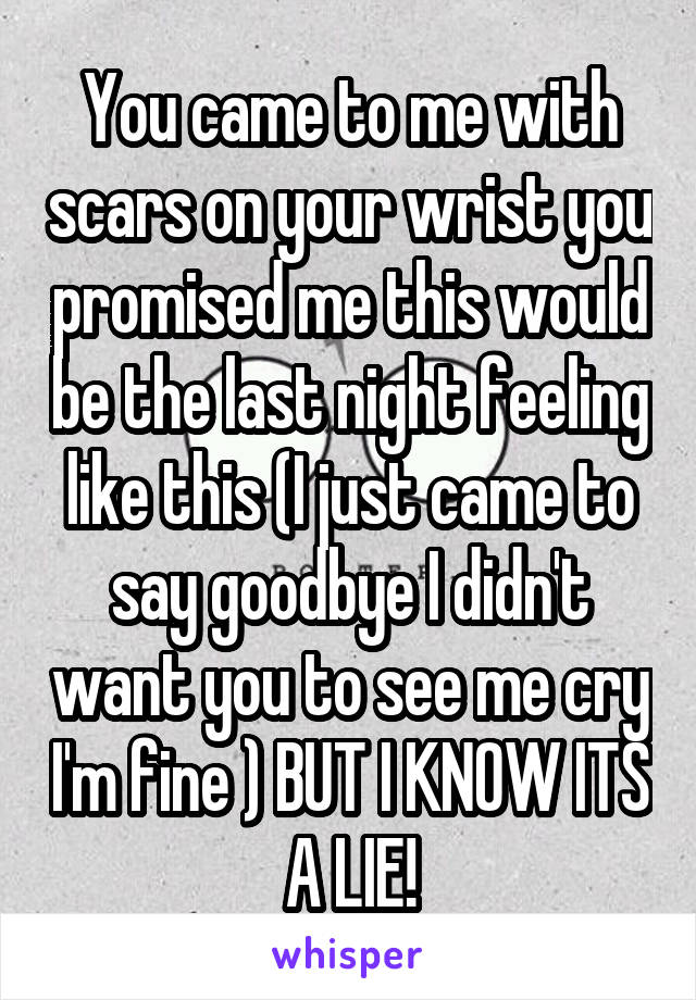 You came to me with scars on your wrist you promised me this would be the last night feeling like this (I just came to say goodbye I didn't want you to see me cry I'm fine ) BUT I KNOW ITS A LIE!