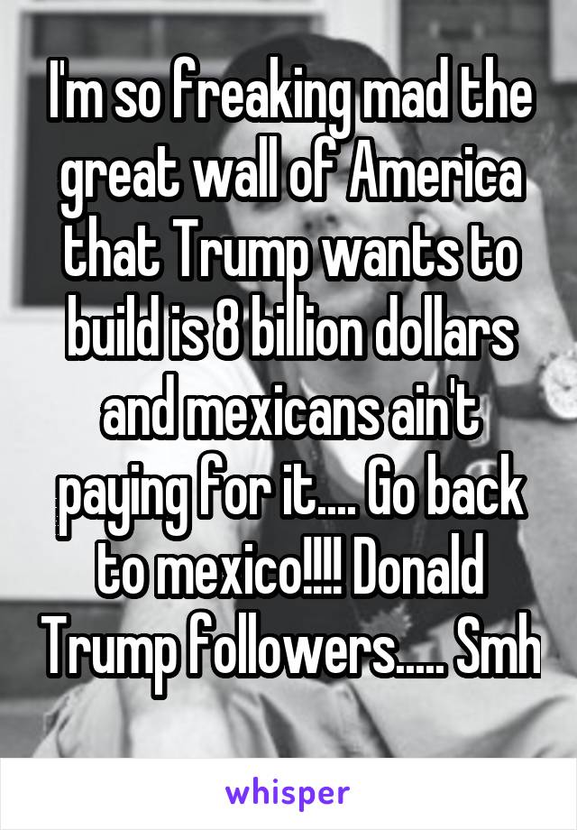 I'm so freaking mad the great wall of America that Trump wants to build is 8 billion dollars and mexicans ain't paying for it.... Go back to mexico!!!! Donald Trump followers..... Smh 