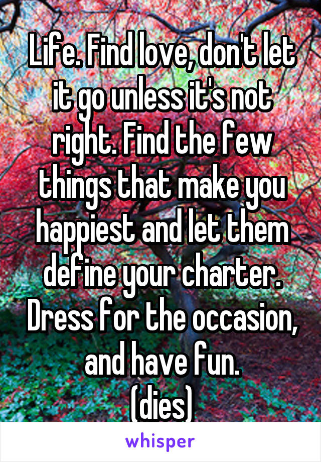 Life. Find love, don't let it go unless it's not right. Find the few things that make you happiest and let them define your charter. Dress for the occasion, and have fun.
(dies)