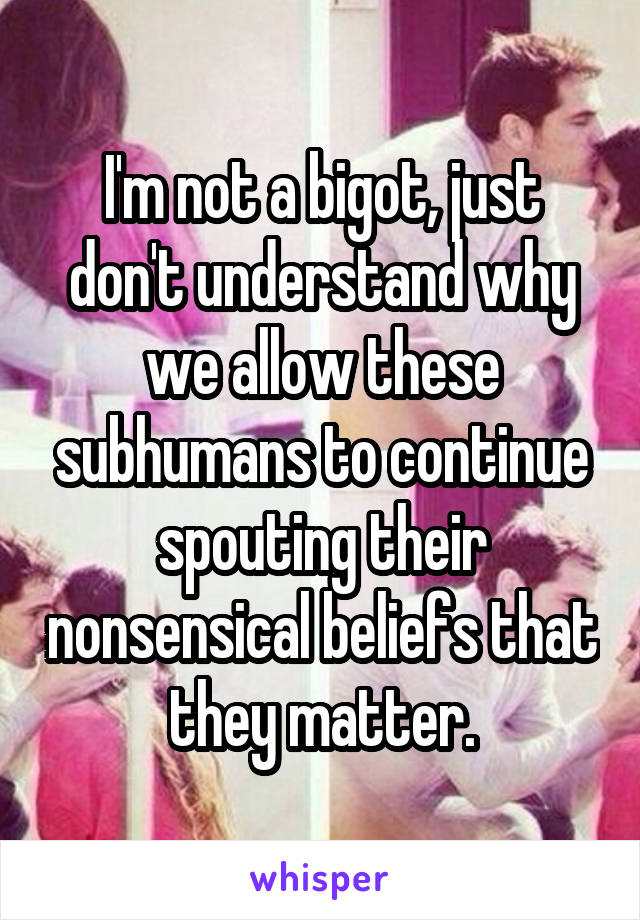 I'm not a bigot, just don't understand why we allow these subhumans to continue spouting their nonsensical beliefs that they matter.