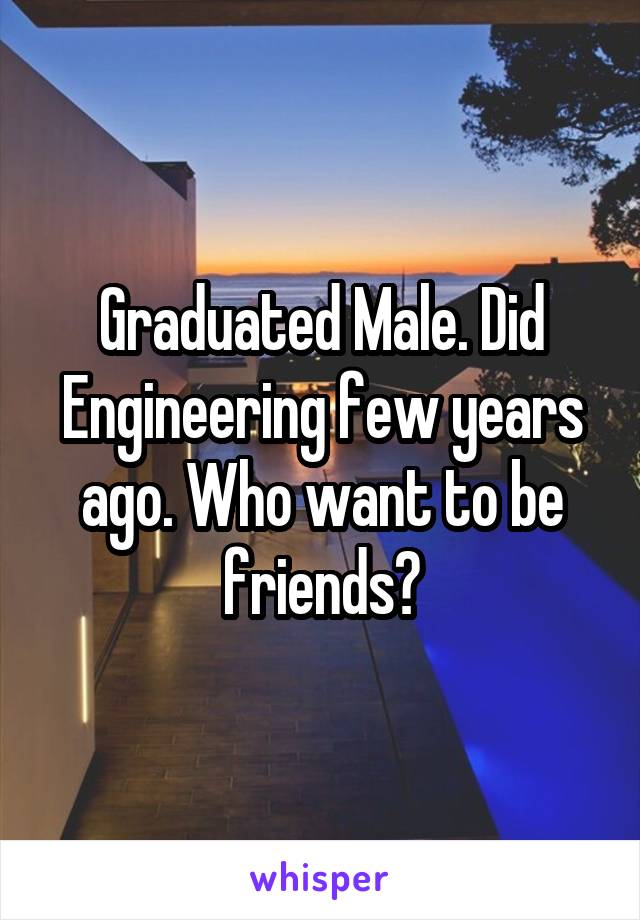 Graduated Male. Did Engineering few years ago. Who want to be friends?