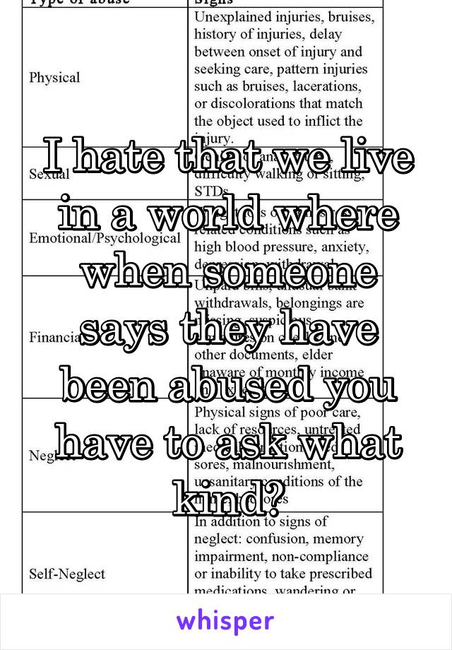 I hate that we live in a world where when someone says they have been abused you have to ask what kind?