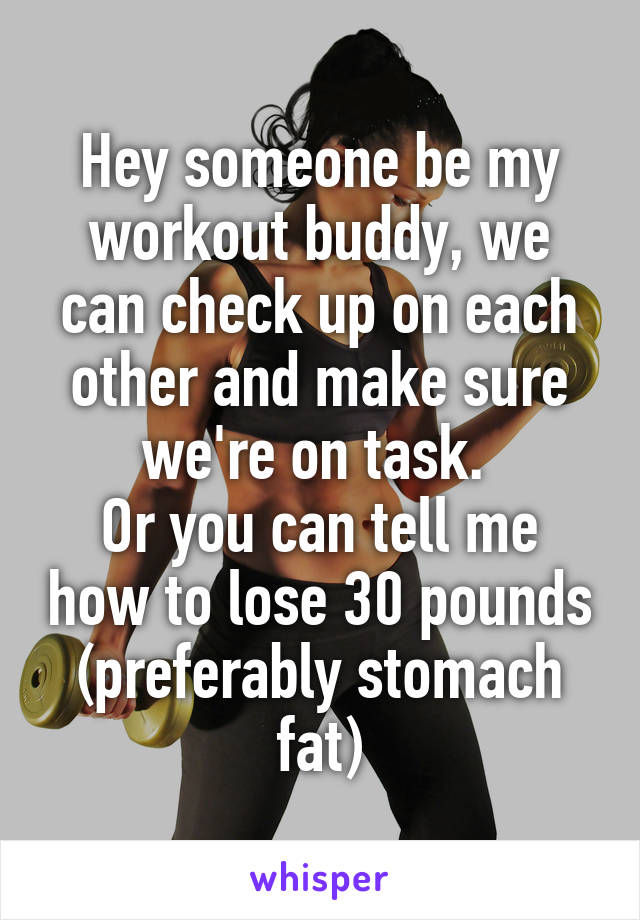 Hey someone be my workout buddy, we can check up on each other and make sure we're on task. 
Or you can tell me how to lose 30 pounds (preferably stomach fat)