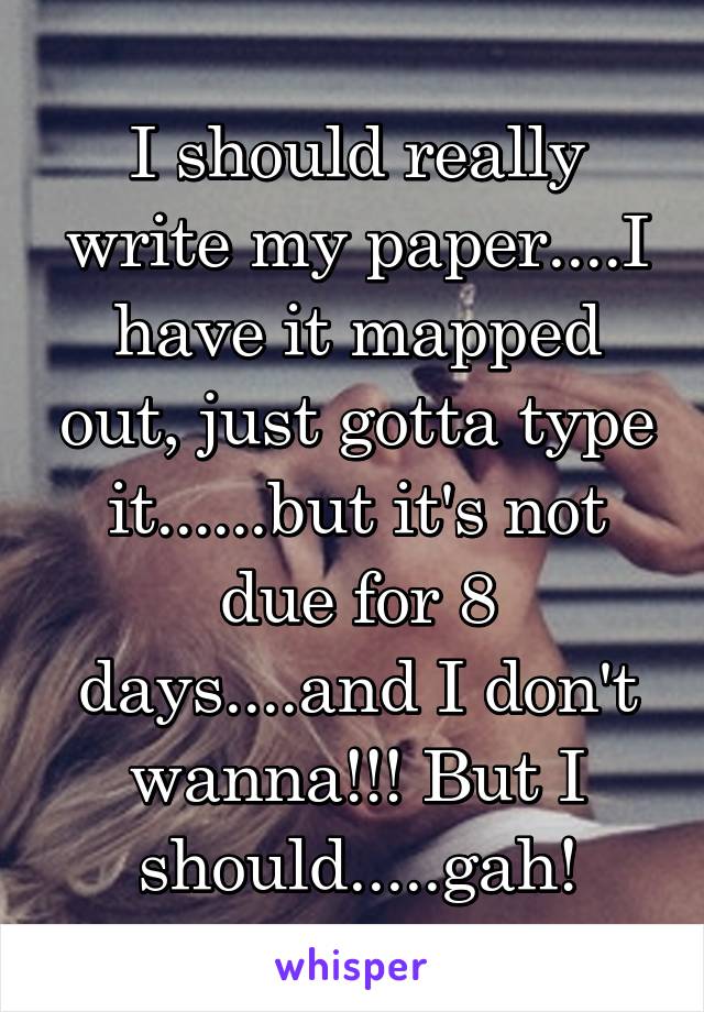 I should really write my paper....I have it mapped out, just gotta type it......but it's not due for 8 days....and I don't wanna!!! But I should.....gah!