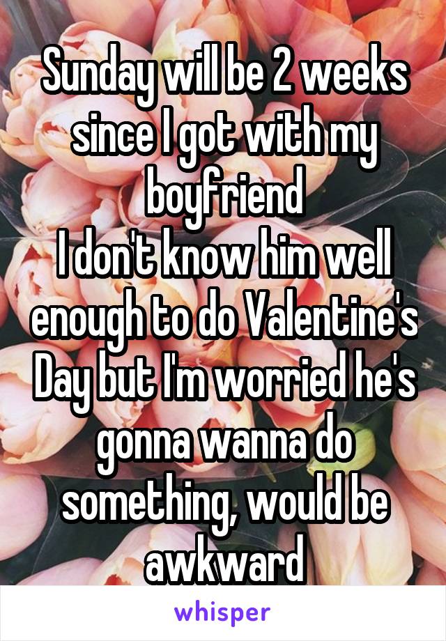 Sunday will be 2 weeks since I got with my boyfriend
I don't know him well enough to do Valentine's Day but I'm worried he's gonna wanna do something, would be awkward