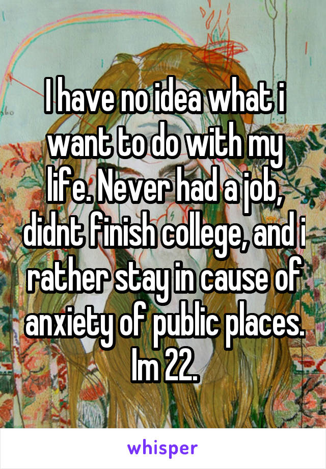 I have no idea what i want to do with my life. Never had a job, didnt finish college, and i rather stay in cause of anxiety of public places. Im 22.