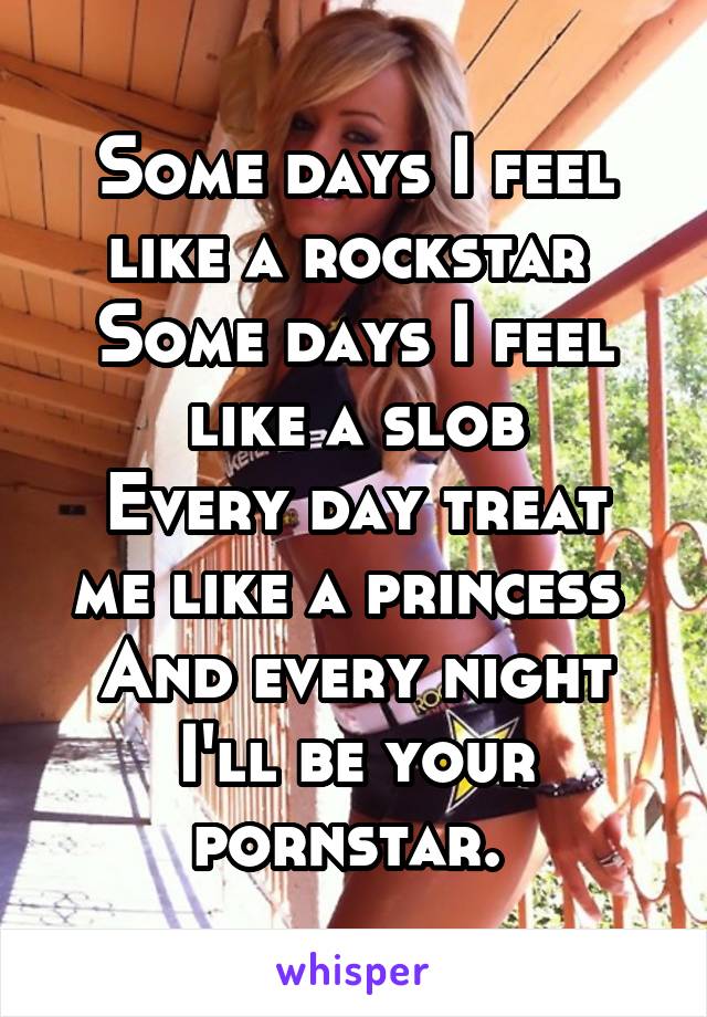 Some days I feel like a rockstar 
Some days I feel like a slob
Every day treat me like a princess 
And every night I'll be your pornstar. 