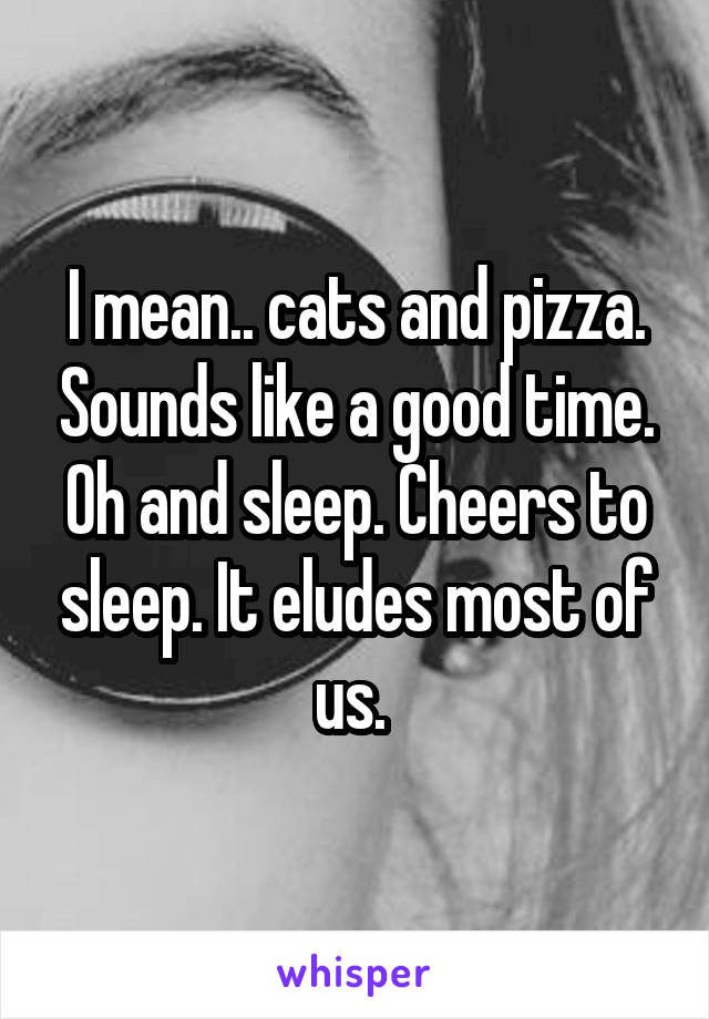 I mean.. cats and pizza. Sounds like a good time. Oh and sleep. Cheers to sleep. It eludes most of us. 