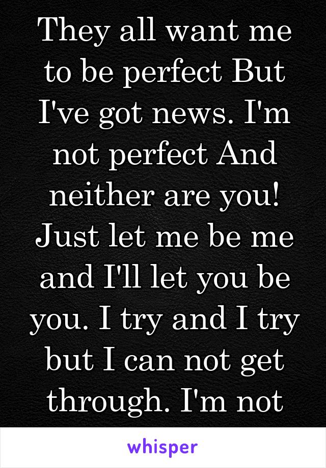 They all want me to be perfect But I've got news. I'm not perfect And neither are you! Just let me be me and I'll let you be you. I try and I try but I can not get through. I'm not perfect so fuck you