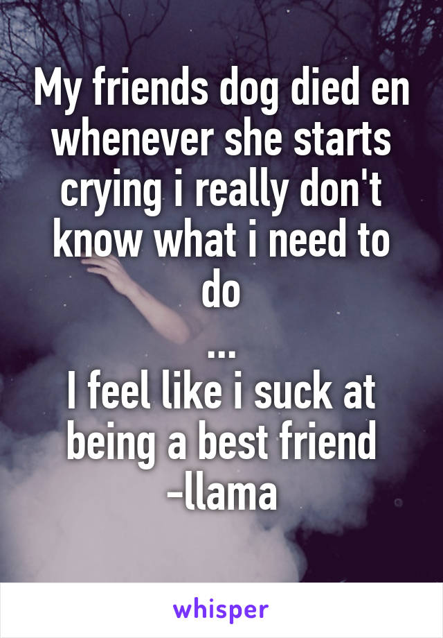 My friends dog died en whenever she starts crying i really don't know what i need to do
...
I feel like i suck at being a best friend
-llama
