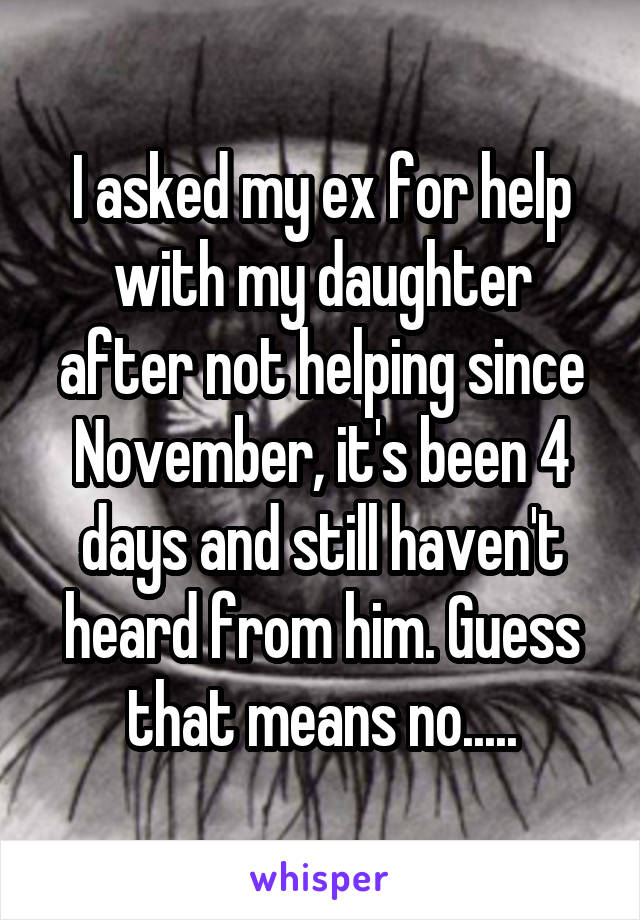 I asked my ex for help with my daughter after not helping since November, it's been 4 days and still haven't heard from him. Guess that means no.....