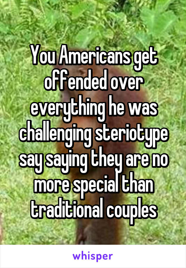 You Americans get offended over everything he was challenging steriotype say saying they are no more special than traditional couples