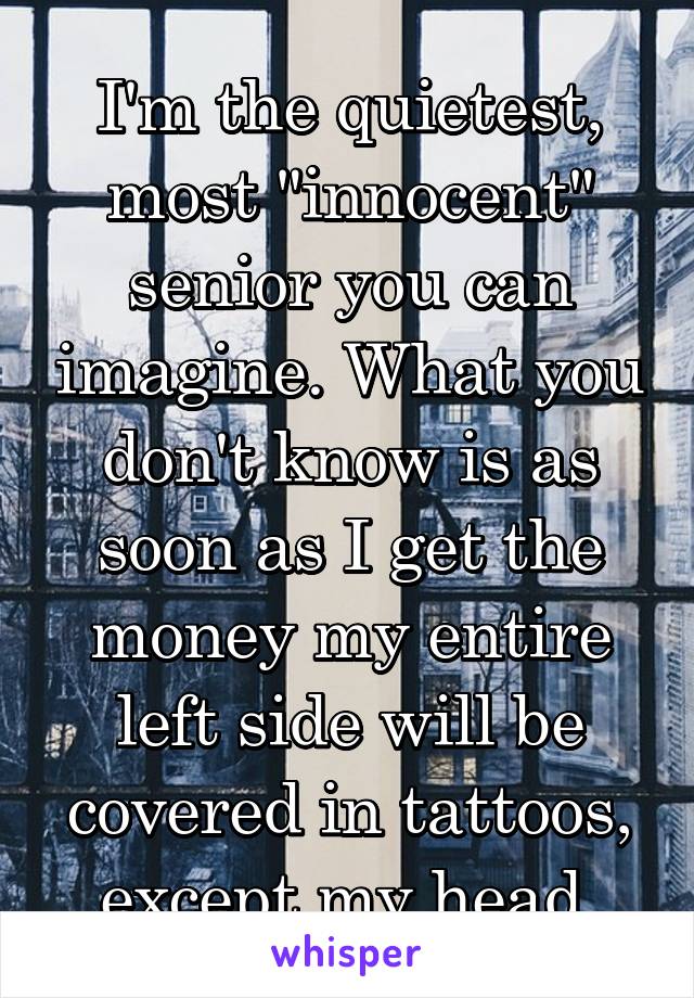 I'm the quietest, most "innocent" senior you can imagine. What you don't know is as soon as I get the money my entire left side will be covered in tattoos, except my head.