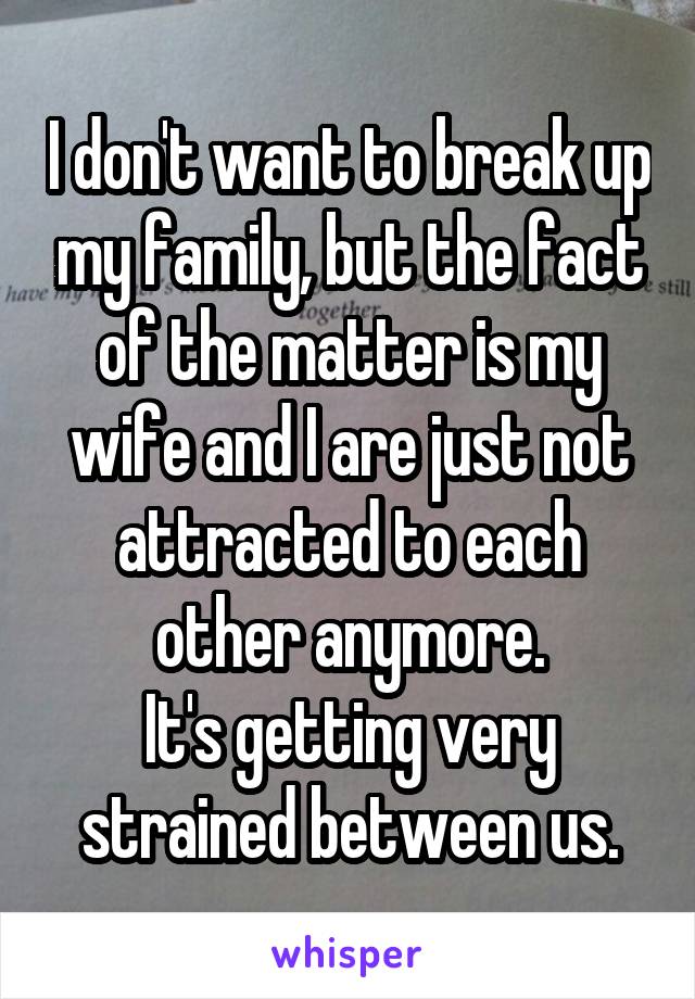 I don't want to break up my family, but the fact of the matter is my wife and I are just not attracted to each other anymore.
It's getting very strained between us.