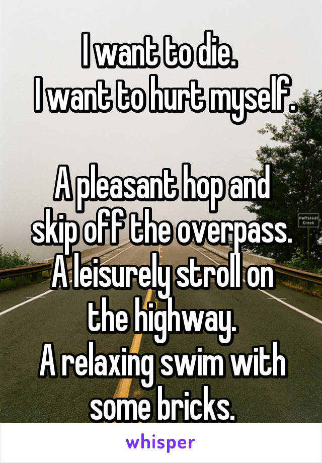 I want to die. 
 I want to hurt myself.

A pleasant hop and skip off the overpass.
A leisurely stroll on the highway.
A relaxing swim with some bricks.