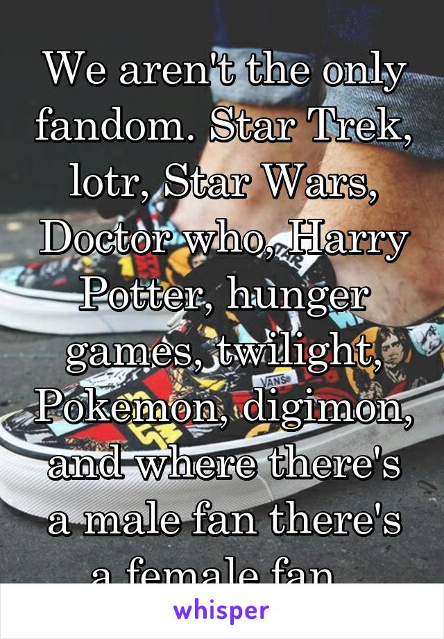 We aren't the only fandom. Star Trek, lotr, Star Wars, Doctor who, Harry Potter, hunger games, twilight, Pokemon, digimon, and where there's a male fan there's a female fan. 