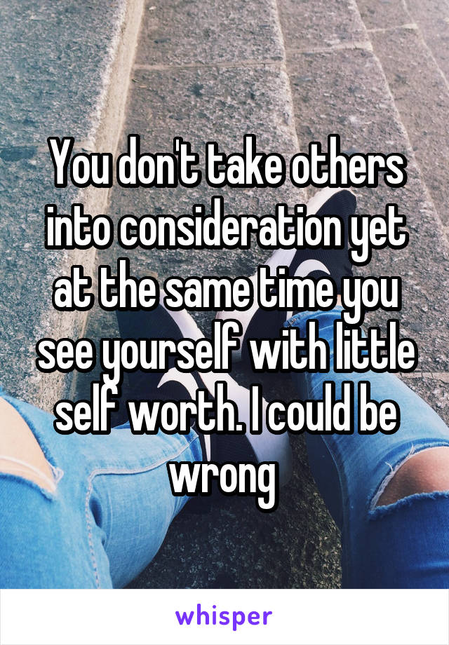 You don't take others into consideration yet at the same time you see yourself with little self worth. I could be wrong 