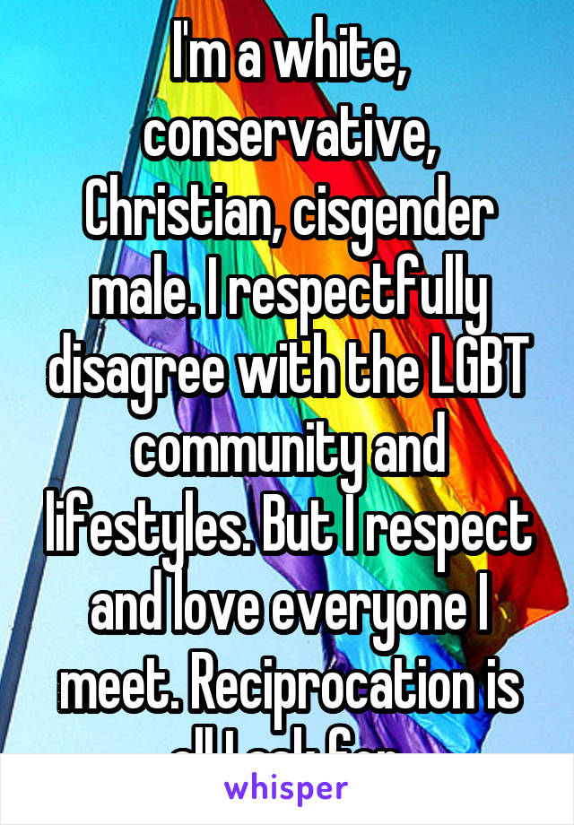 I'm a white, conservative, Christian, cisgender male. I respectfully disagree with the LGBT community and lifestyles. But I respect and love everyone I meet. Reciprocation is all I ask for.