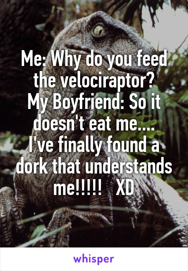 Me: Why do you feed the velociraptor?
My Boyfriend: So it doesn't eat me....
I've finally found a dork that understands me!!!!!   XD
