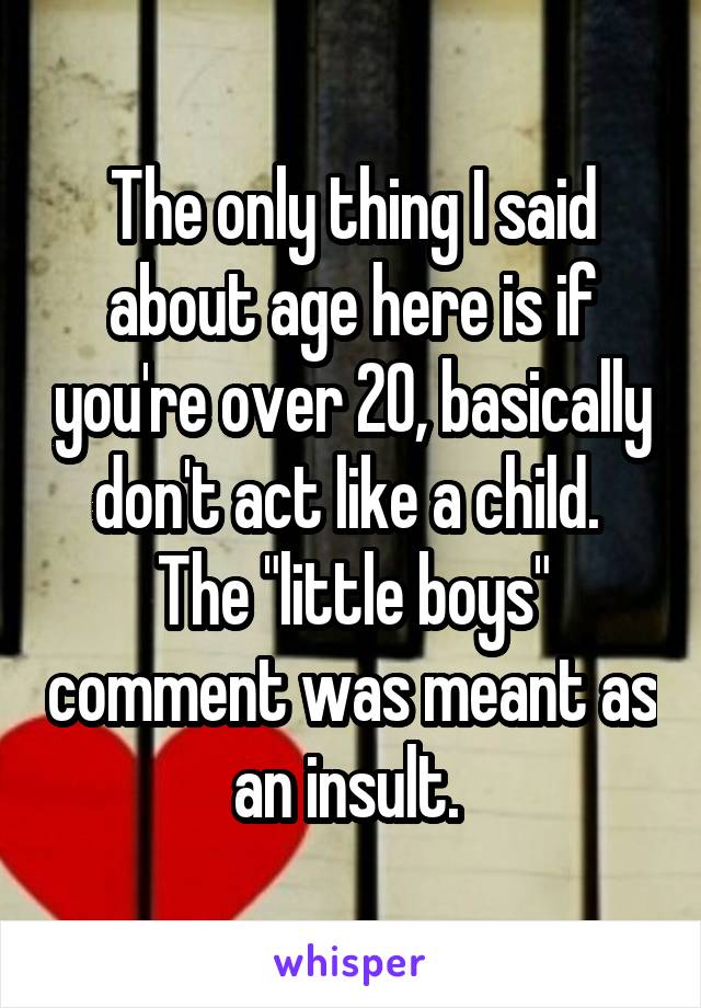 The only thing I said about age here is if you're over 20, basically don't act like a child. 
The "little boys" comment was meant as an insult. 