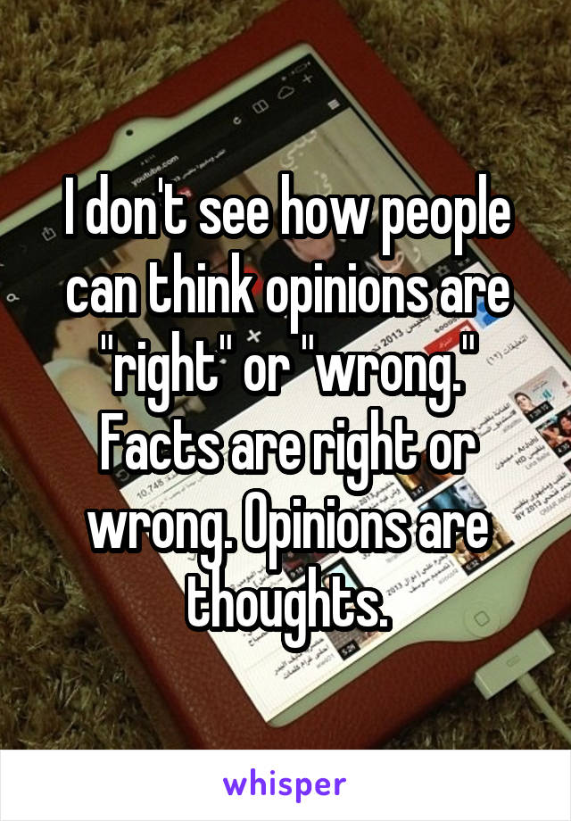 I don't see how people can think opinions are "right" or "wrong." Facts are right or wrong. Opinions are thoughts.