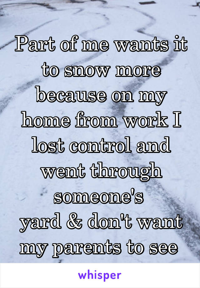 Part of me wants it to snow more because on my home from work I lost control and went through someone's 
yard & don't want my parents to see 