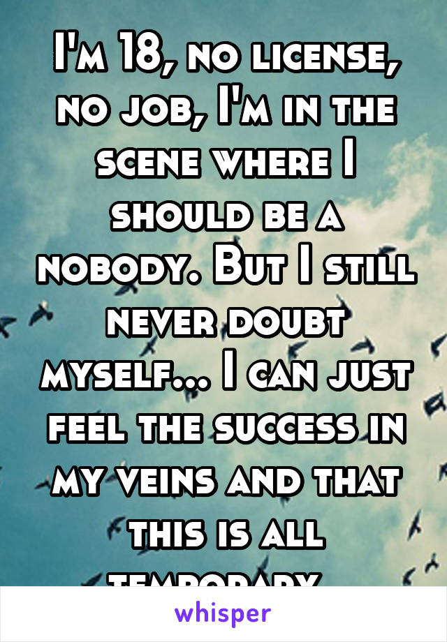 I'm 18, no license, no job, I'm in the scene where I should be a nobody. But I still never doubt myself... I can just feel the success in my veins and that this is all temporary. 