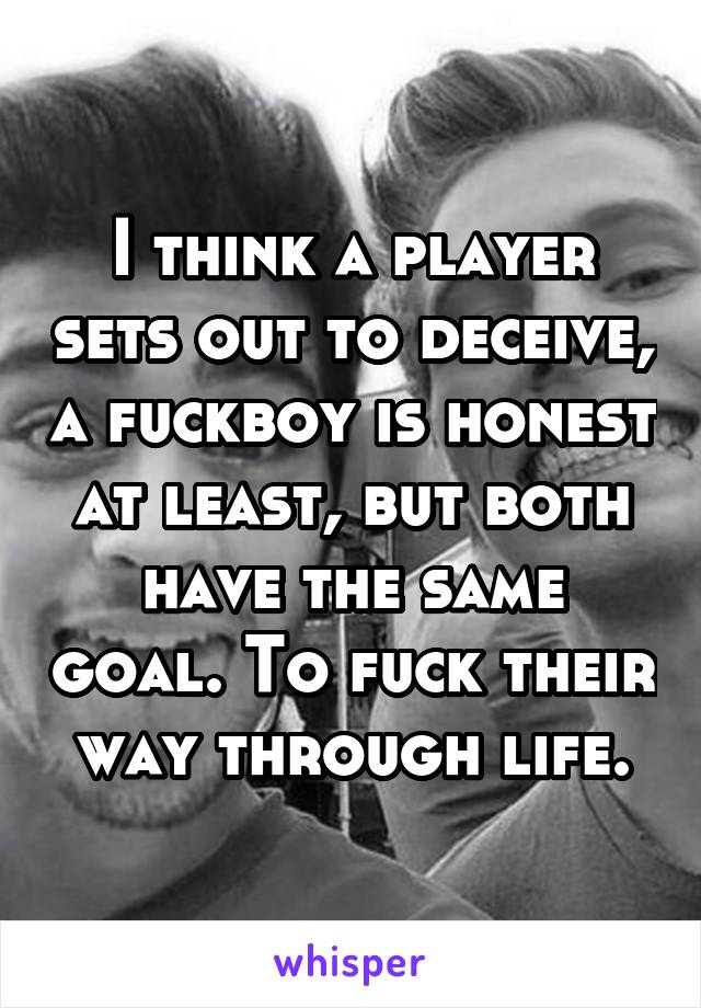 I think a player sets out to deceive, a fuckboy is honest at least, but both have the same goal. To fuck their way through life.