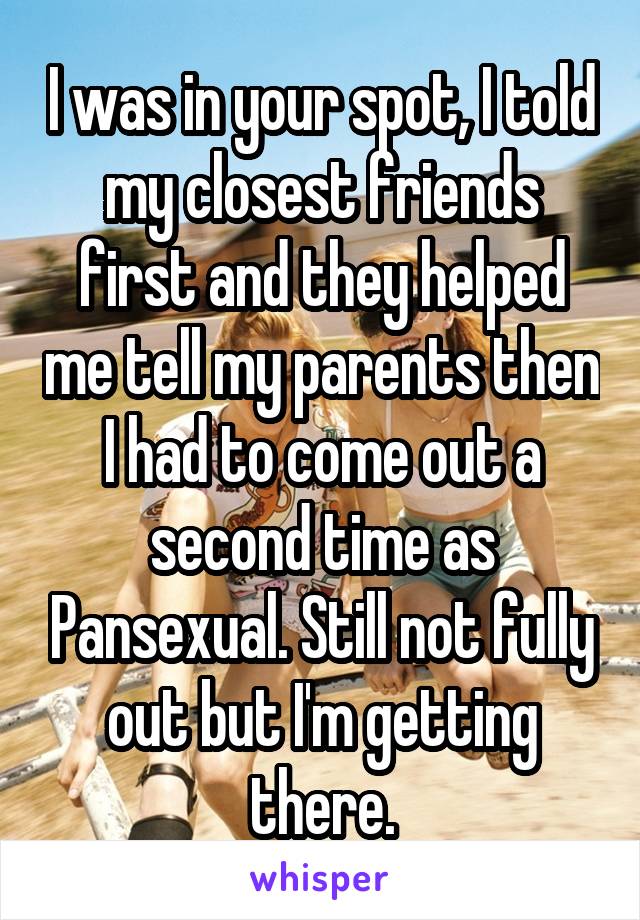 I was in your spot, I told my closest friends first and they helped me tell my parents then I had to come out a second time as Pansexual. Still not fully out but I'm getting there.