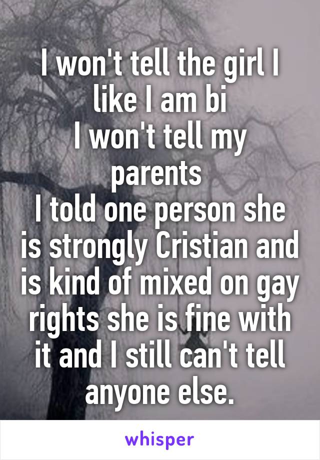 I won't tell the girl I like I am bi
I won't tell my parents 
I told one person she is strongly Cristian and is kind of mixed on gay rights she is fine with it and I still can't tell anyone else.