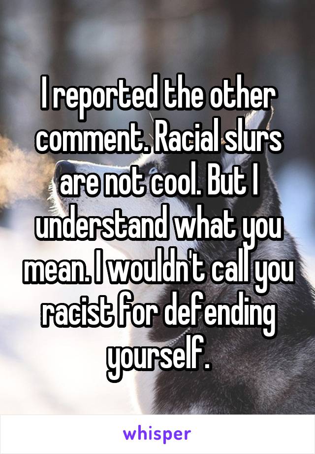 I reported the other comment. Racial slurs are not cool. But I understand what you mean. I wouldn't call you racist for defending yourself.