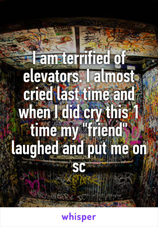 I am terrified of elevators. I almost cried last time and when I did cry this 1 time my "friend" laughed and put me on sc