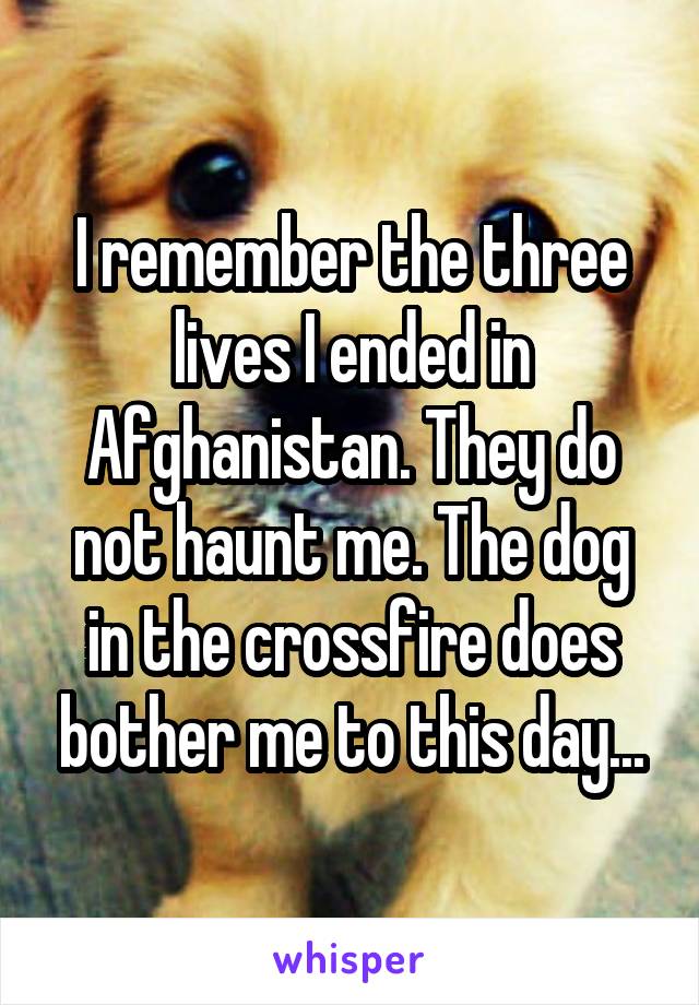 I remember the three lives I ended in Afghanistan. They do not haunt me. The dog in the crossfire does bother me to this day...