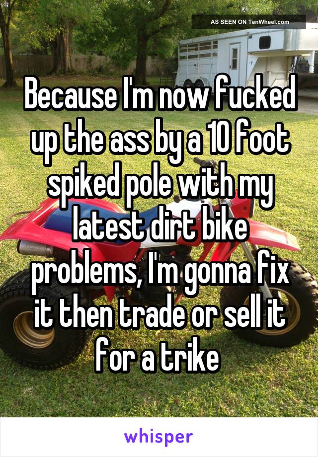 Because I'm now fucked up the ass by a 10 foot spiked pole with my latest dirt bike problems, I'm gonna fix it then trade or sell it for a trike 