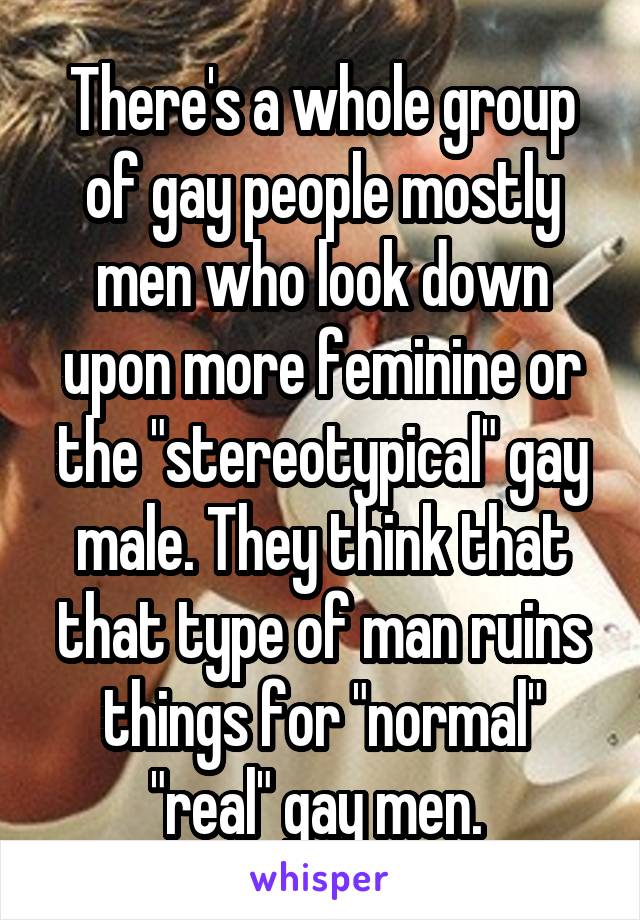 There's a whole group of gay people mostly men who look down upon more feminine or the "stereotypical" gay male. They think that that type of man ruins things for "normal" "real" gay men. 