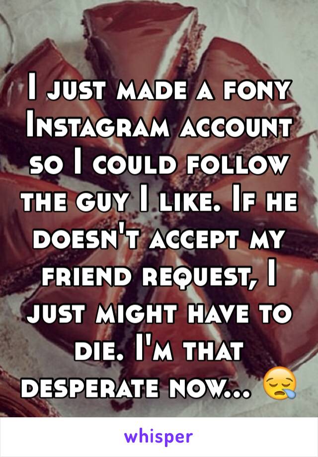 I just made a fony  Instagram account so I could follow the guy I like. If he doesn't accept my friend request, I just might have to die. I'm that desperate now... ðŸ˜ª