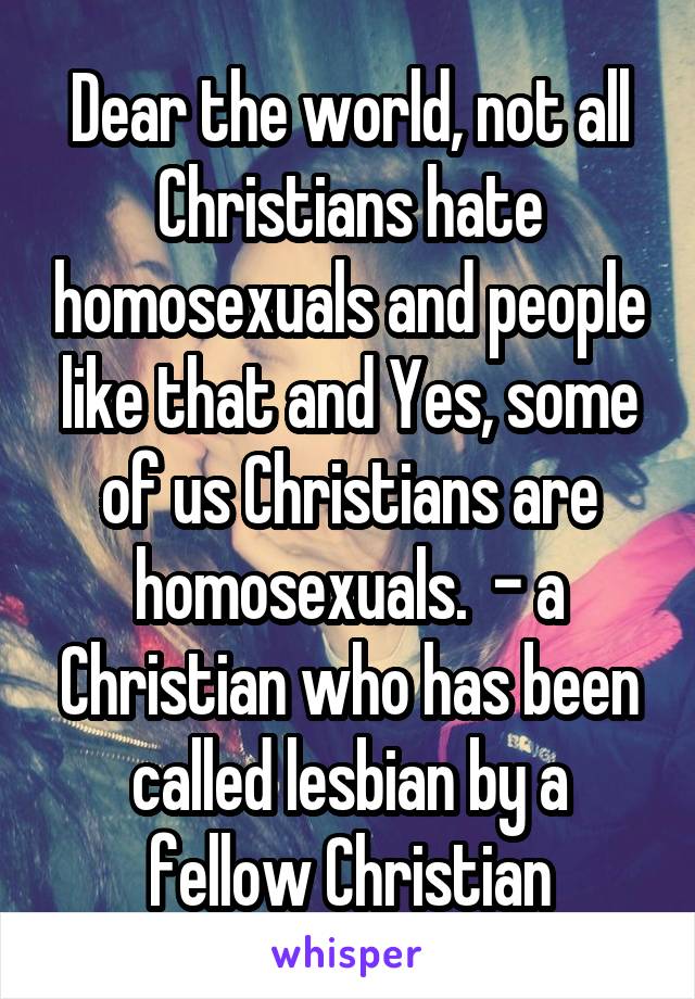 Dear the world, not all Christians hate homosexuals and people like that and Yes, some of us Christians are homosexuals.  - a Christian who has been called lesbian by a fellow Christian