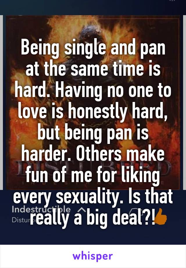 Being single and pan at the same time is hard. Having no one to love is honestly hard, but being pan is harder. Others make fun of me for liking every sexuality. Is that really a big deal?!