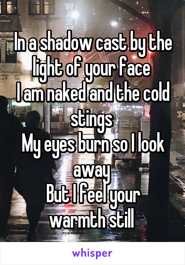 In a shadow cast by the light of your face 
I am naked and the cold stings 
My eyes burn so I look away 
But I feel your warmth still 