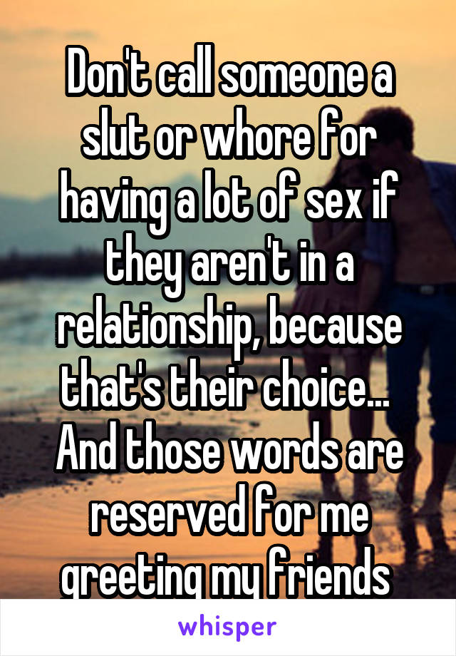 Don't call someone a slut or whore for having a lot of sex if they aren't in a relationship, because that's their choice... 
And those words are reserved for me greeting my friends 