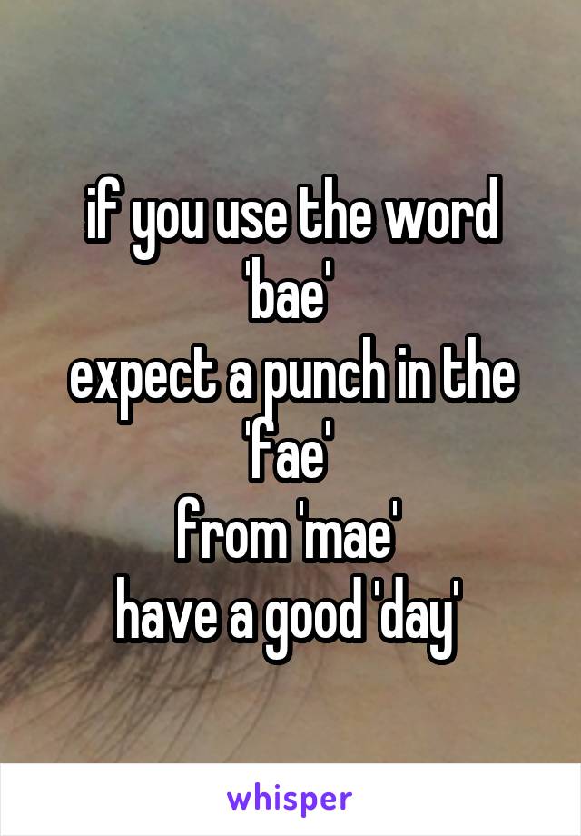 if you use the word 'bae' 
expect a punch in the 'fae' 
from 'mae' 
have a good 'day' 